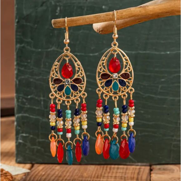 Boho Dangle Bead Earrings 3.5" Multicolor - Picture 6 of 6